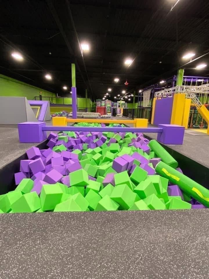 Foam pit with balance beam at Fun City Trampoline Park New Britain