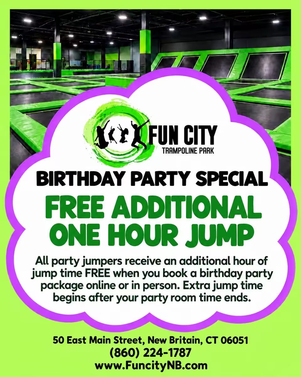 Fun City Birthday Party Special: free additional one-hour jump. All party jumpers receive an additional hour of jump time free when you book a birthday party package online or in person. Extra jump time begins after your party room time ends.